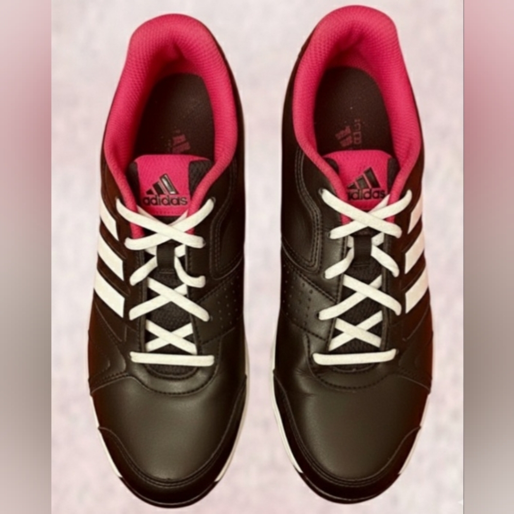 ADIDAS SHOES, SIZE 10 - STYLISH BLACK WITH PINK ACCENTS AND WHITE STRIPES.